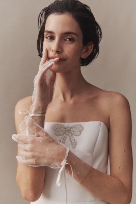 Shop Twigs & Honey Dainty Pearl & Bow Short Gloves In White