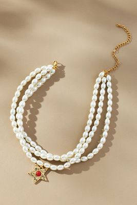 Petit Moments Paloma Multirow Pearl Necklace With Star Pendant In Gold