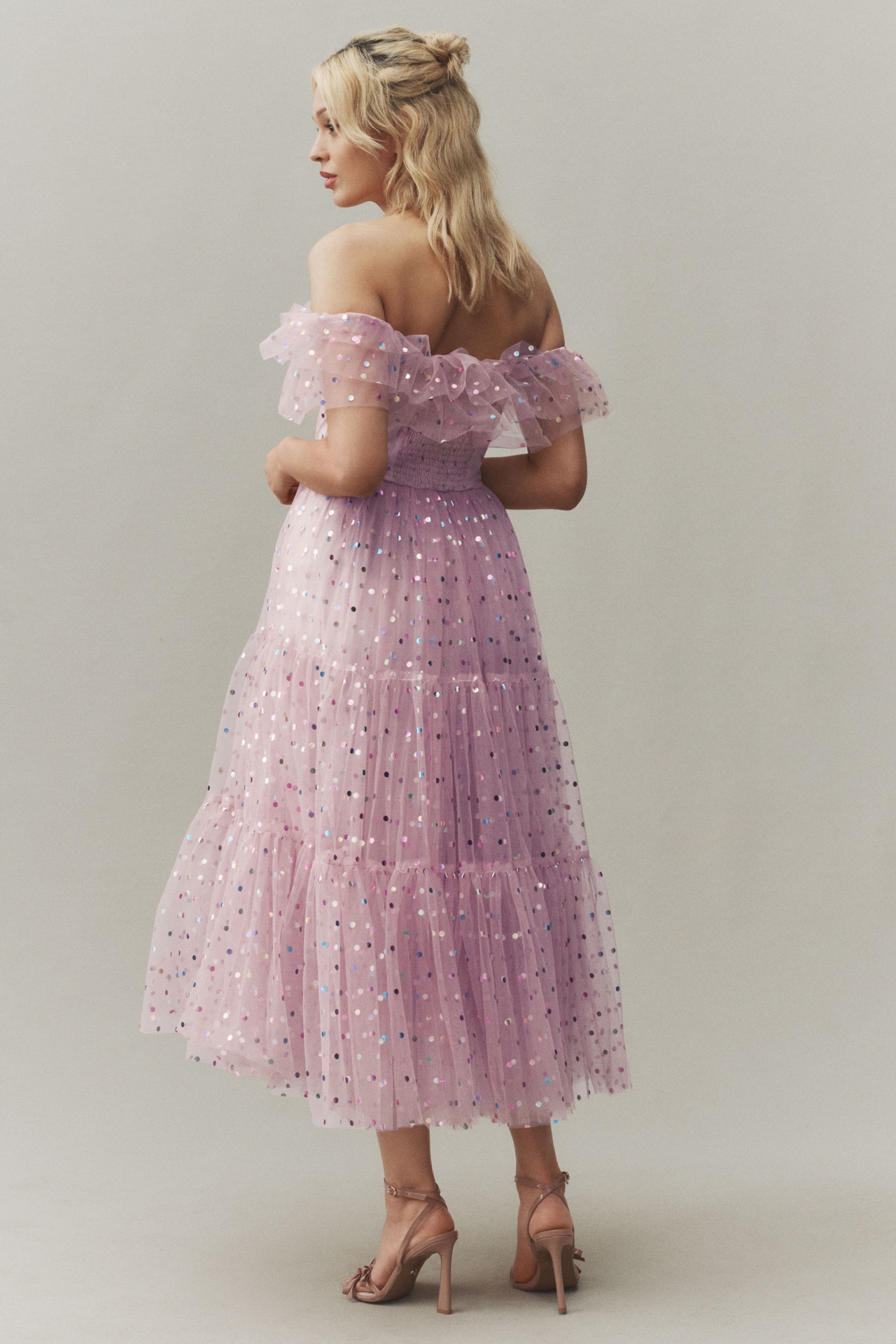 BHLDN Cecilia Off-The-Shoulder Polka Dot Tulle Midi Dress