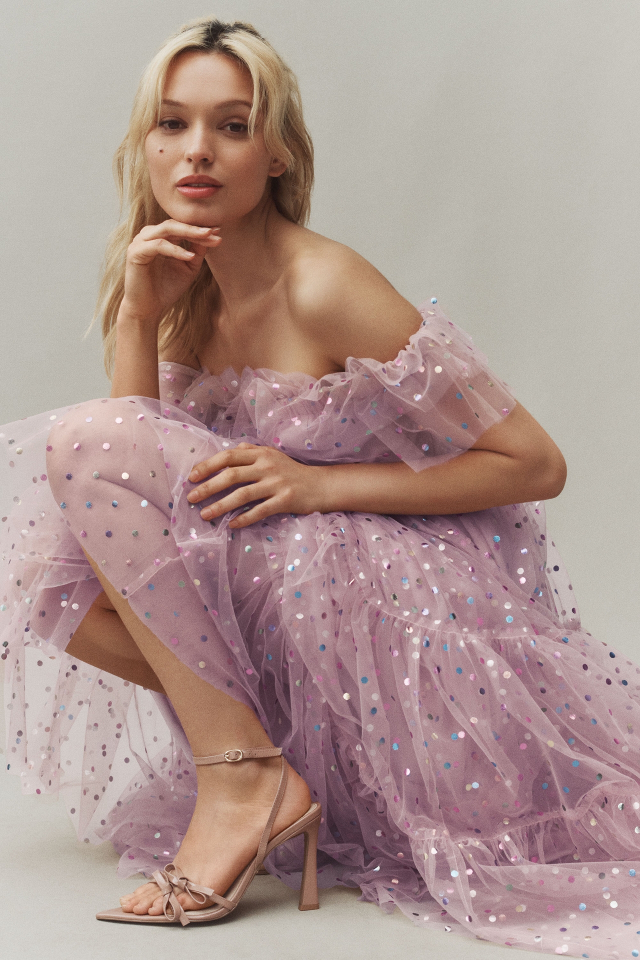 BHLDN Cecilia Off-The-Shoulder Polka Dot Tulle Midi Dress