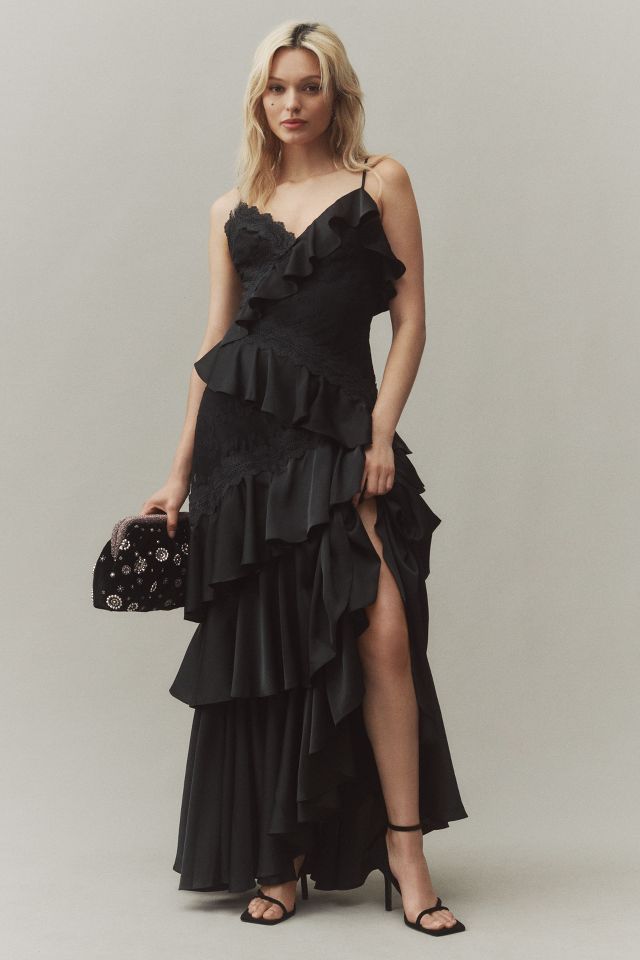 BHLDN Elora Sleeveless V Neck Ruffle Lace Midi Dress