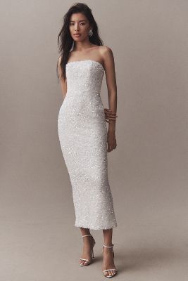 Helsi Leslie Strapless Sequin Column Midi Dress In White