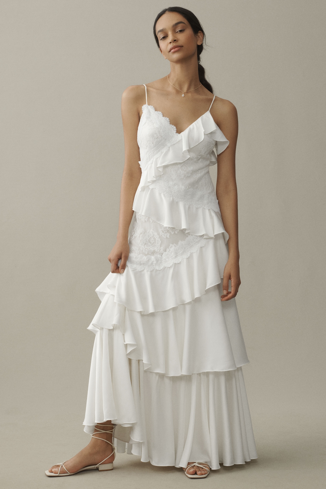 BHLDN V-Neck Tiered Ruffle Lace Satin Maxi Dress