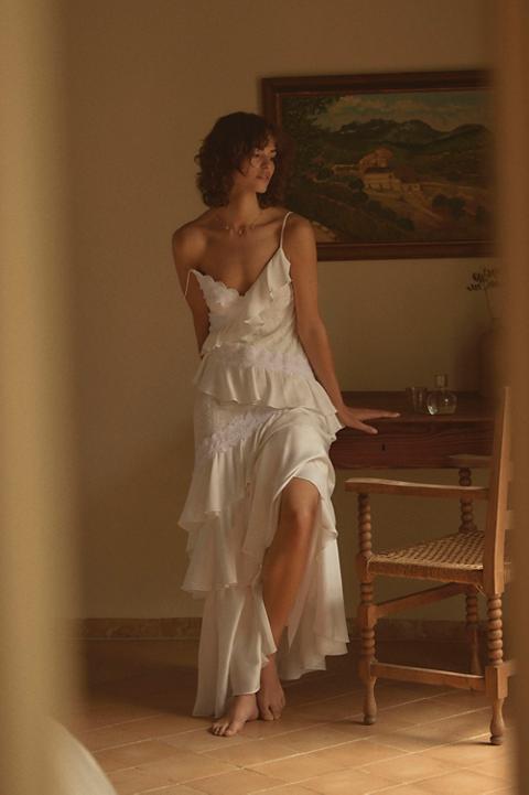 BHLDN V-Neck Tiered Ruffle Lace Satin Maxi Dress
