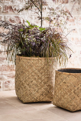 Terrain Woven Bamboo + Fiber Square Base Planter In Beige