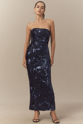 Helsi Leslie Strapless Sequin Mesh Midi Dress In Blue