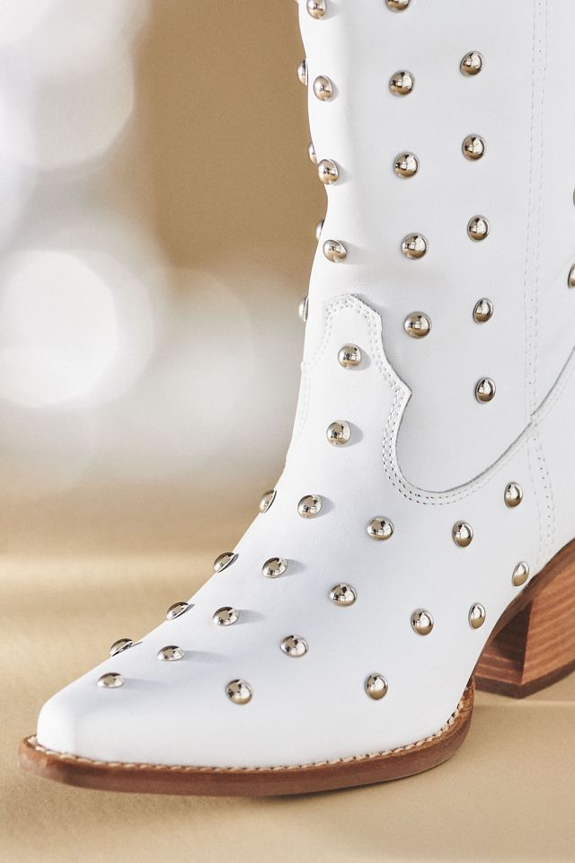 White Genuine Leather Studded Knee-High Western Boots