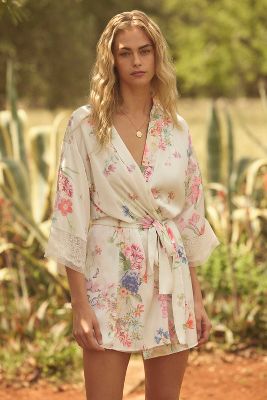 Flora Nikrooz Andrea Printed Lace-trim Robe In White