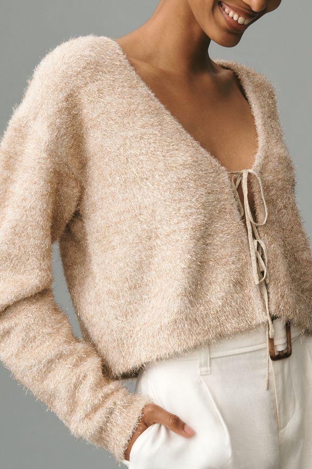 Flat White Tie-Front Tinsel Cardigan Sweater #1