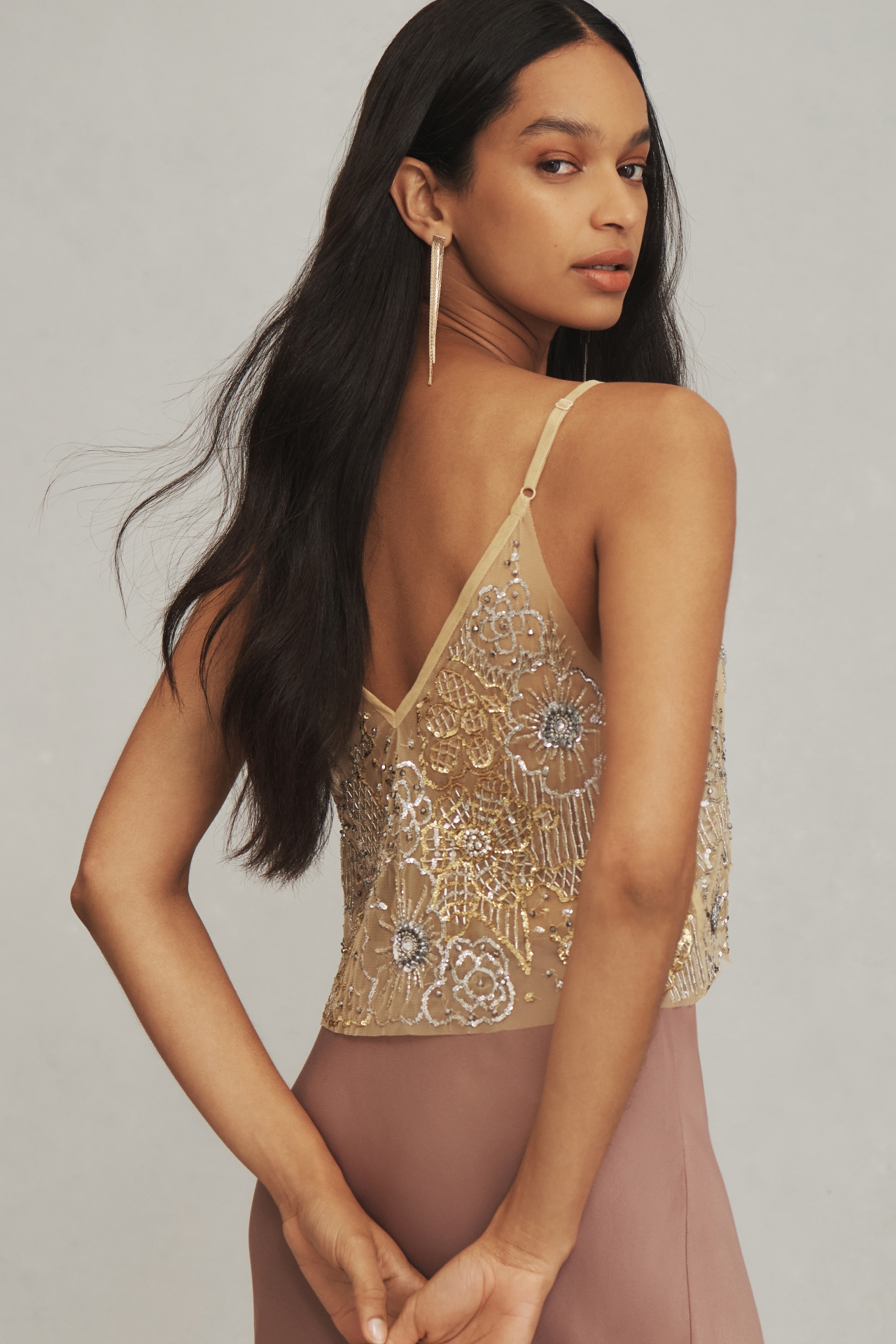 By Anthropologie Floral Sheer Sequin Cami