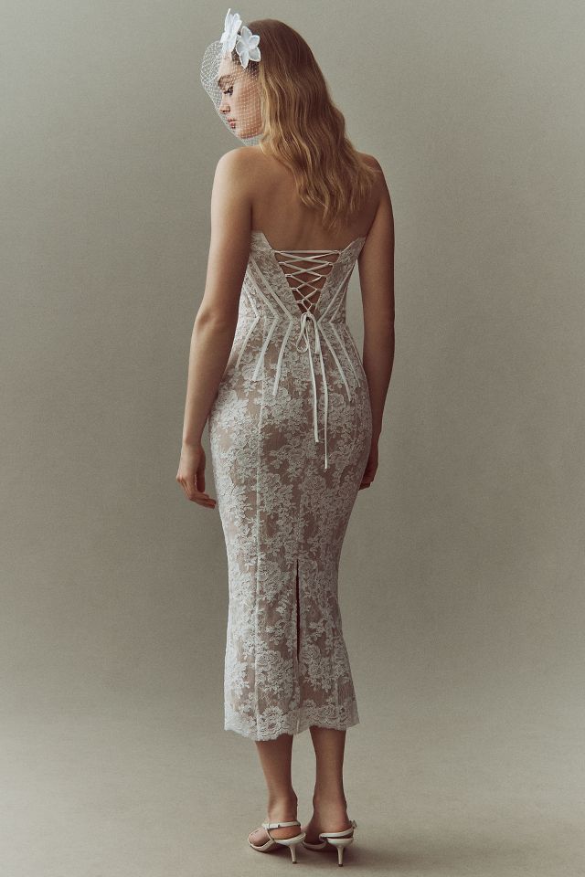 Capulet Strapless Corset Chantilly Lace Midi Dress by V. Chapman in White Women s Size 6 at Anthropologie