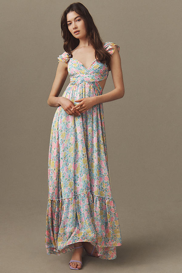 Shop Astr Primrose Floral Strappy-back Maxi Dress In Blue
