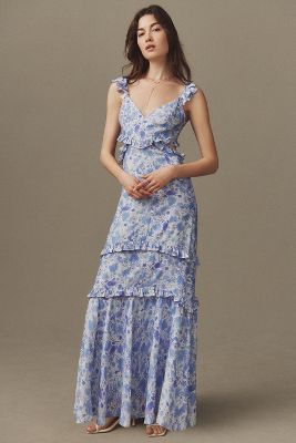 Shop Astr Cassis Floral Ruffle Maxi Dress In Blue