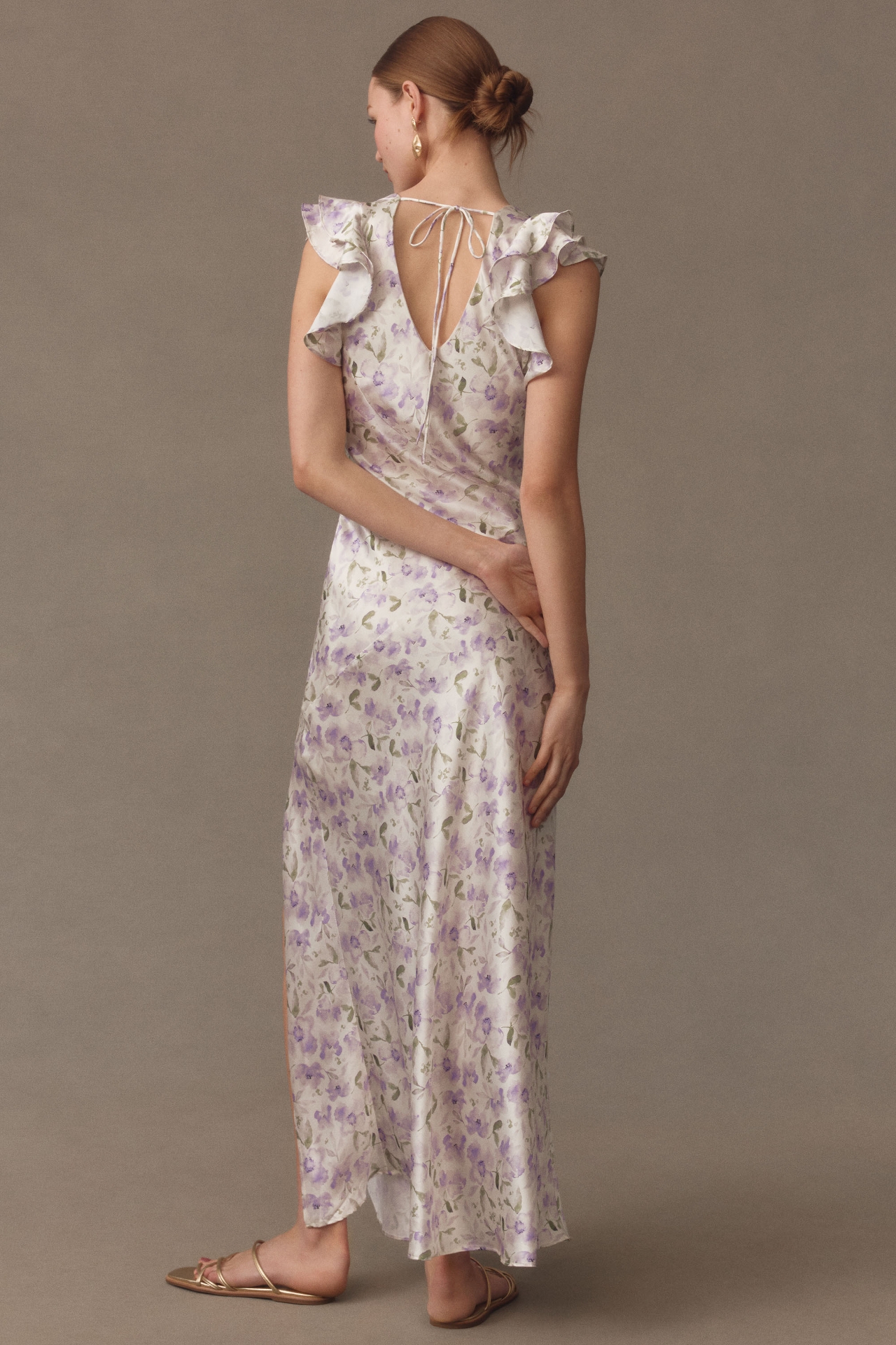 ASTR The Label Satin Flutter-Sleeve Floral Maxi Dress