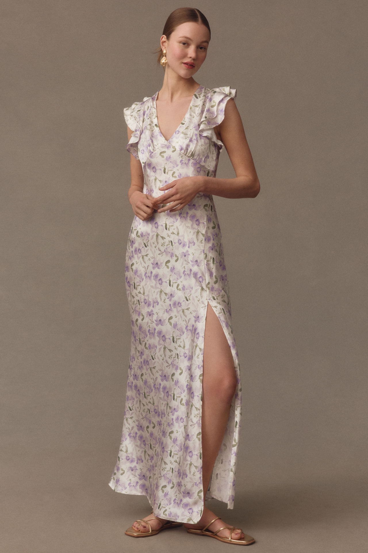 ASTR The Label Satin Flutter-Sleeve Floral Maxi Dress