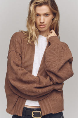 Flat White Livvy Waffle Knit Cardigan Sweater In Brown