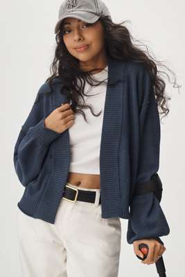 Flat White Livvy Waffle Knit Cardigan Sweater In Blue