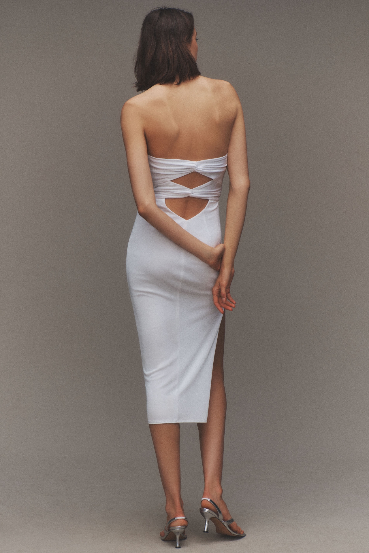 Katie May Ashun Strapless Ruched Back-Cutout Side-Slit Midi Dress