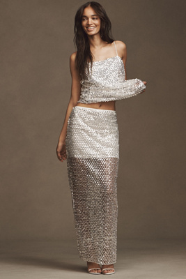 Shona Joy Asteri Sheer Mesh Beaded Maxi Skirt In Silver