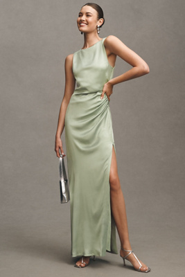 Bhldn Emma High-neck Satin Maxi Gown In Green