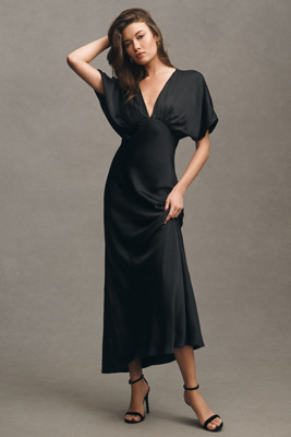 BHLDN AMELIA DEEP-V SATIN MAXI DRESS 