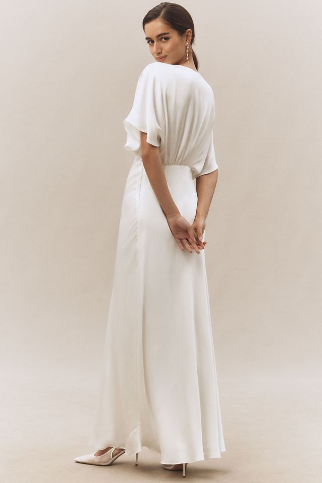 BHLDN Amelia Deep-V Flutter-Sleeve Satin A-Line Gown #1