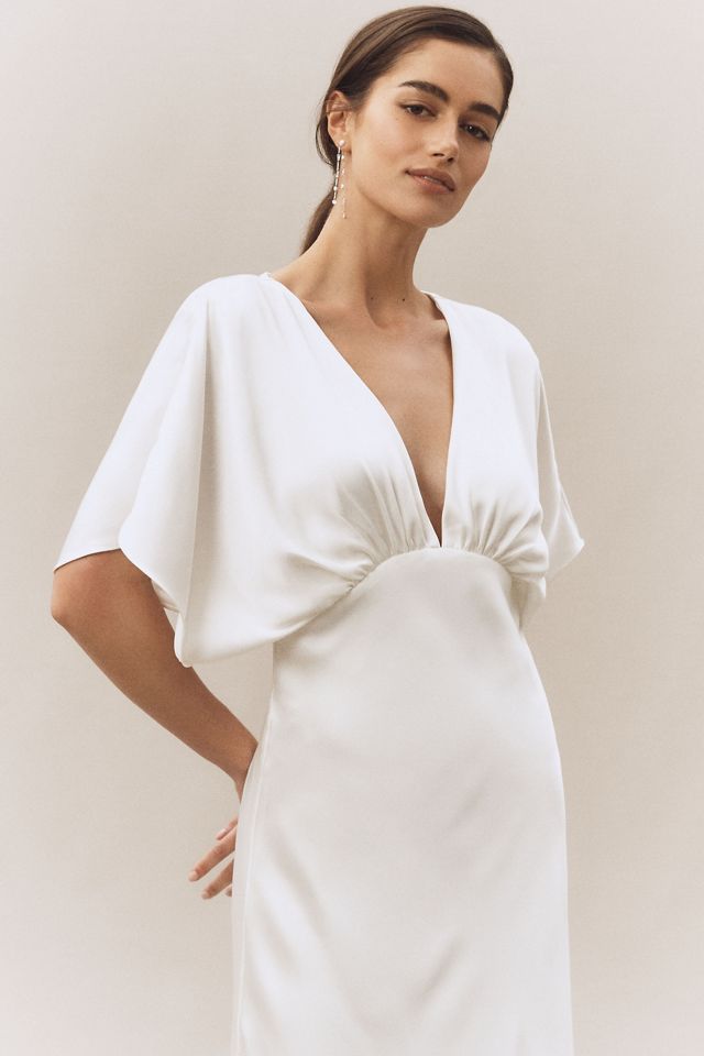 BHLDN Amelia Deep-V Flutter-Sleeve Satin A-Line Gown #2