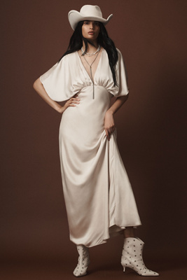 Bhldn Amelia Deep-v Satin Maxi Dress In Beige