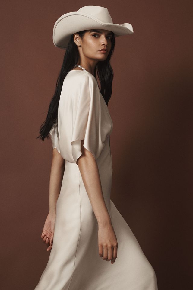 BHLDN Amelia Deep-V Flutter-Sleeve Satin A-Line Gown #3