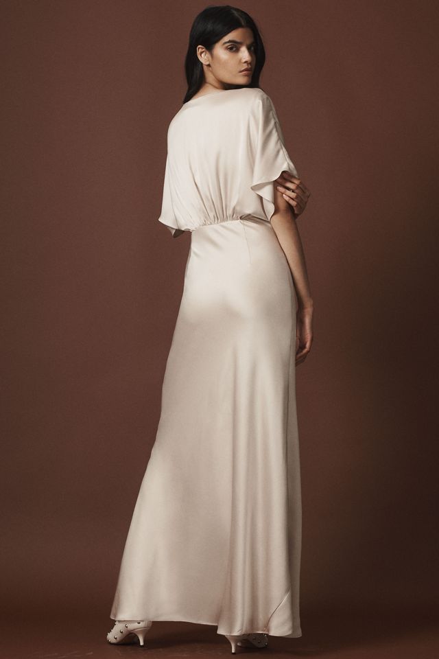 BHLDN Amelia Deep-V Flutter-Sleeve Satin A-Line Gown #1