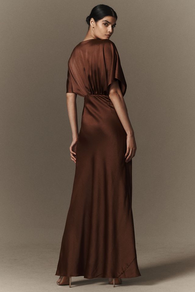 BHLDN Amelia Deep-V Flutter-Sleeve Satin A-Line Gown #1