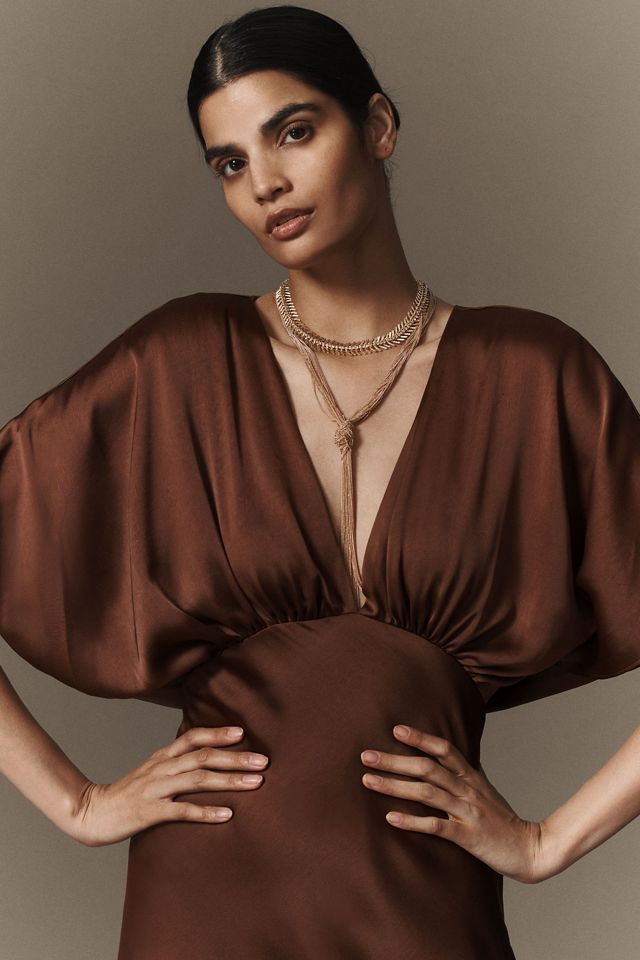 BHLDN Amelia Deep-V Flutter-Sleeve Satin A-Line Gown