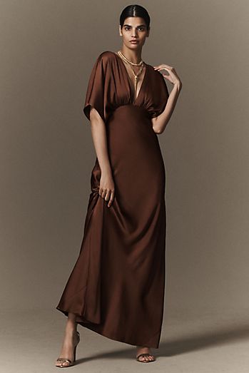 long brown dress Women's Just a Hint of Glam Textured Semi-Sheer Sleeve Maxi | Size: S May be worn with any standard bra Pretty Brown 3/4 Sleeves Long