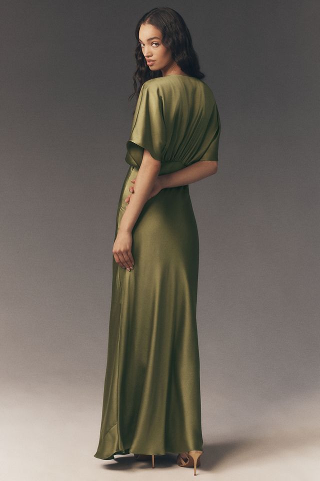 BHLDN Amelia Deep-V Flutter-Sleeve Satin A-Line Gown #2