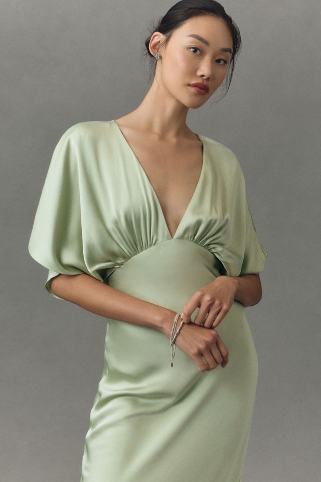 BHLDN Amelia Deep-V Flutter-Sleeve Satin A-Line Gown #2