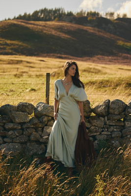 BHLDN AMELIA DEEP-V SATIN MAXI DRESS 