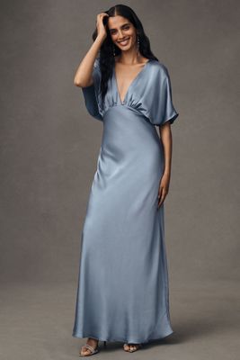 BHLDN Amelia Deep-V Flutter-Sleeve Satin A-Line Gown
