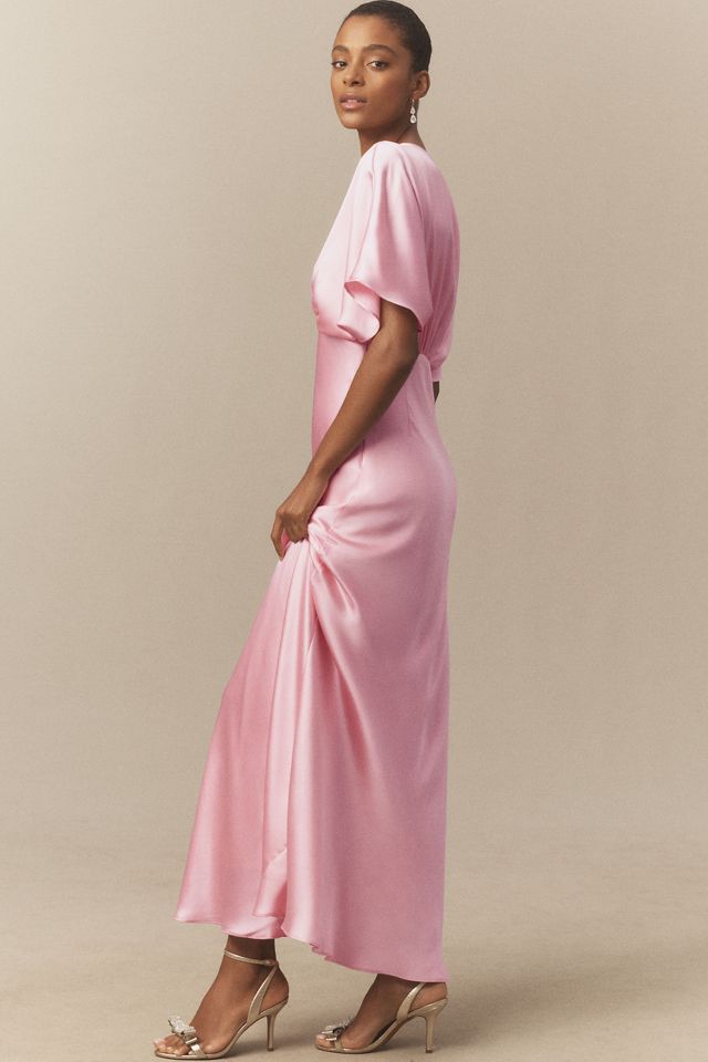 BHLDN Amelia Deep-V Flutter-Sleeve Satin A-Line Gown #7