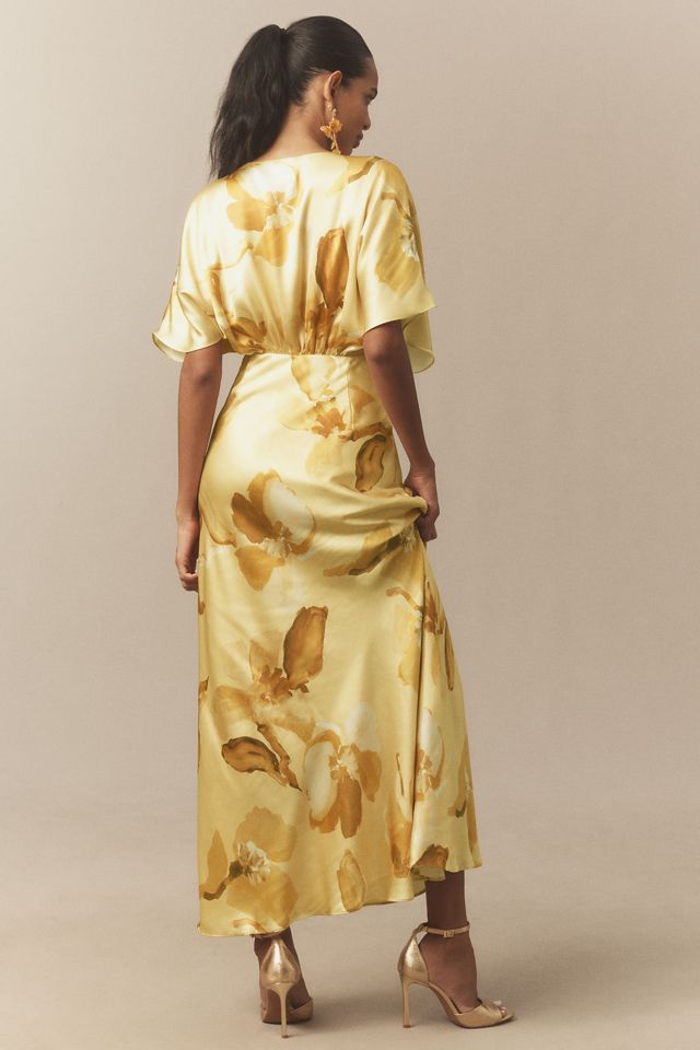 BHLDN Amelia Deep-V Flutter-Sleeve Satin A-Line Gown