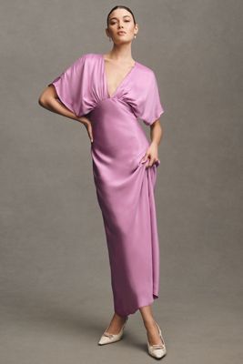 Lovaan Lorna Puff-Sleeve V-Neck Linen-Silk Maxi Dress