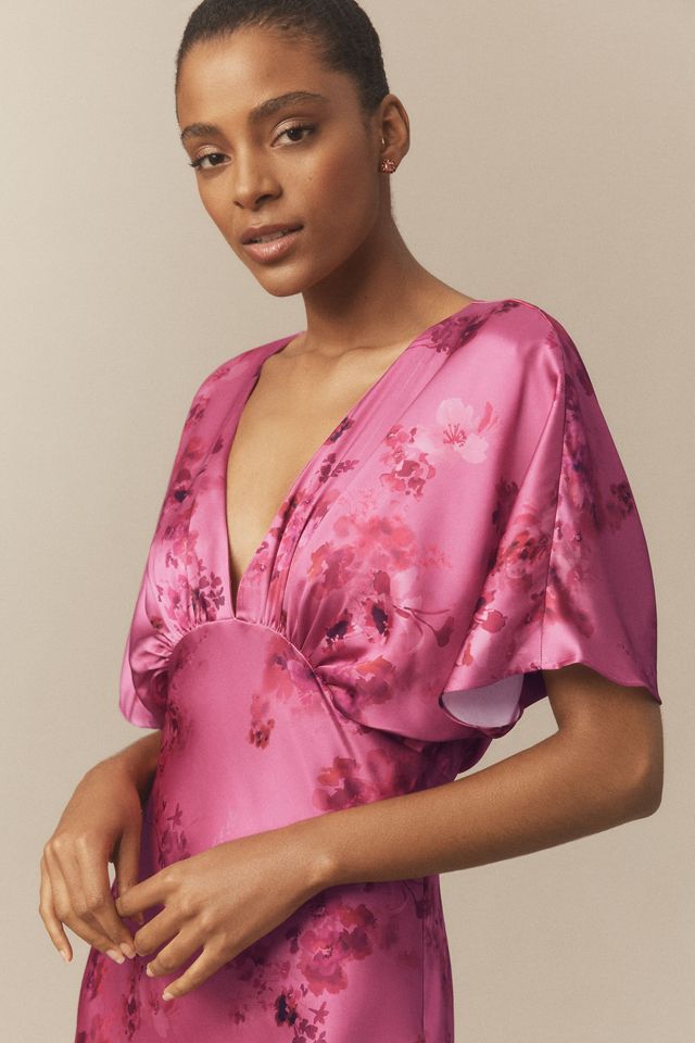 BHLDN Amelia Deep-V Flutter-Sleeve Satin A-Line Gown | AnthroHome