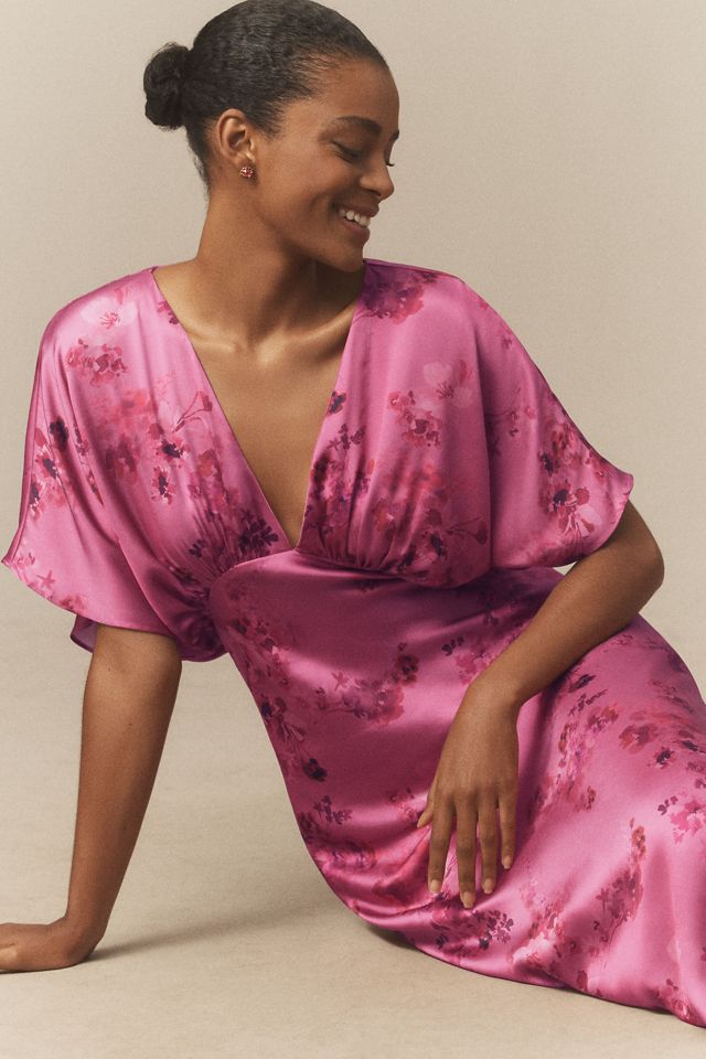 BHLDN Amelia Deep-V Flutter-Sleeve Satin A-Line Gown | AnthroHome