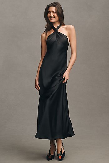 halter top bridesmaid dress Wedtrend Women Dusty Blue Neck Open Back Ruched Long Chiffon Party Dress, Dusty Blue / US16W Zipper Neckline Halter Neck Chiffon Bridesmaid Dress