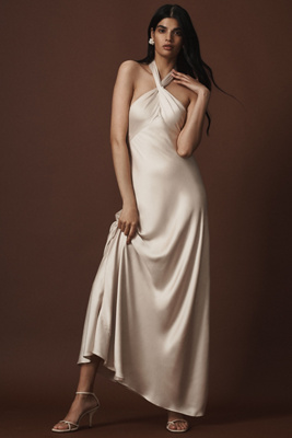 BHLDN SELMA HALTER-NECK SATIN MAXI DRESS 