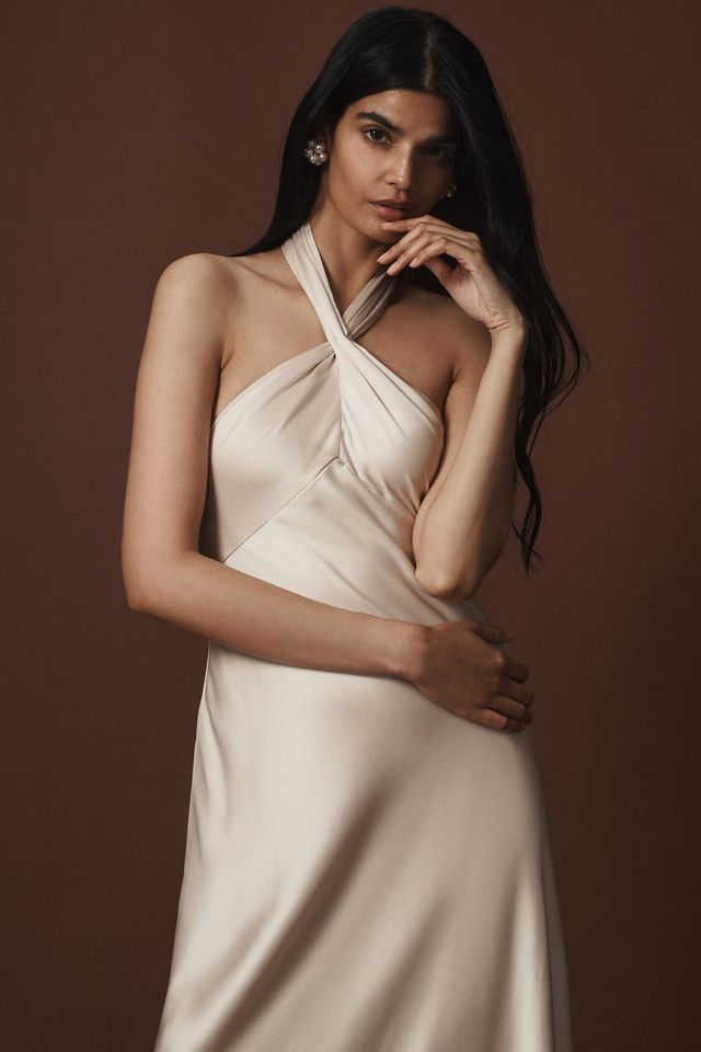 BHLDN Selma Halter-Neck High-Shine Satin Maxi Dress #1