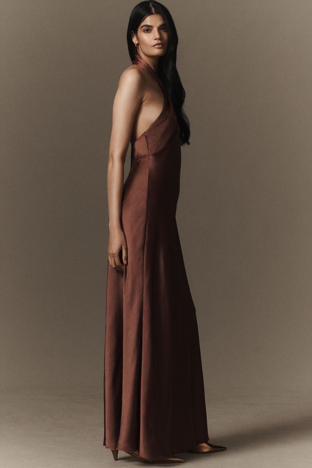 BHLDN Selma Halter-Neck High-Shine Satin Maxi Dress #3