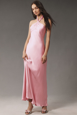 BHLDN SELMA HALTER-NECK SATIN MAXI DRESS 