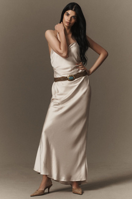 BHLDN SAYLOR COWL-NECK SATIN MAXI DRESS 