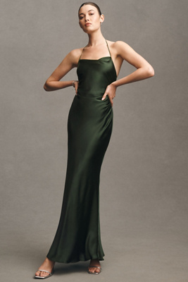 BHLDN SAYLOR COWL-NECK SATIN MAXI DRESS 