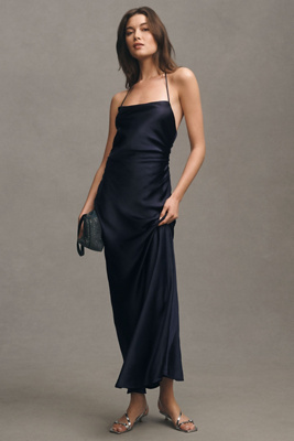 BHLDN SAYLOR COWL-NECK SATIN MAXI DRESS 